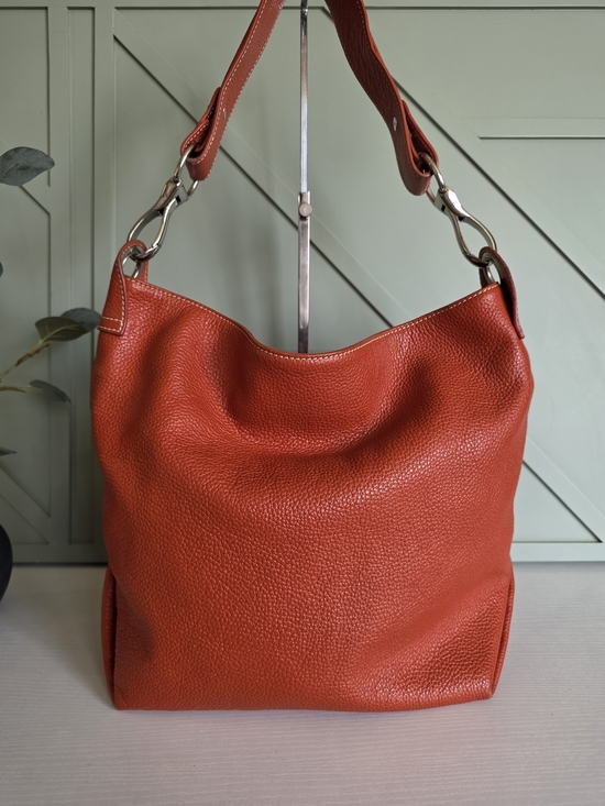 Vera Pelle Handbags - Vera Pelle Pebbled Leather Shoulder Hobo in Burnt Orange